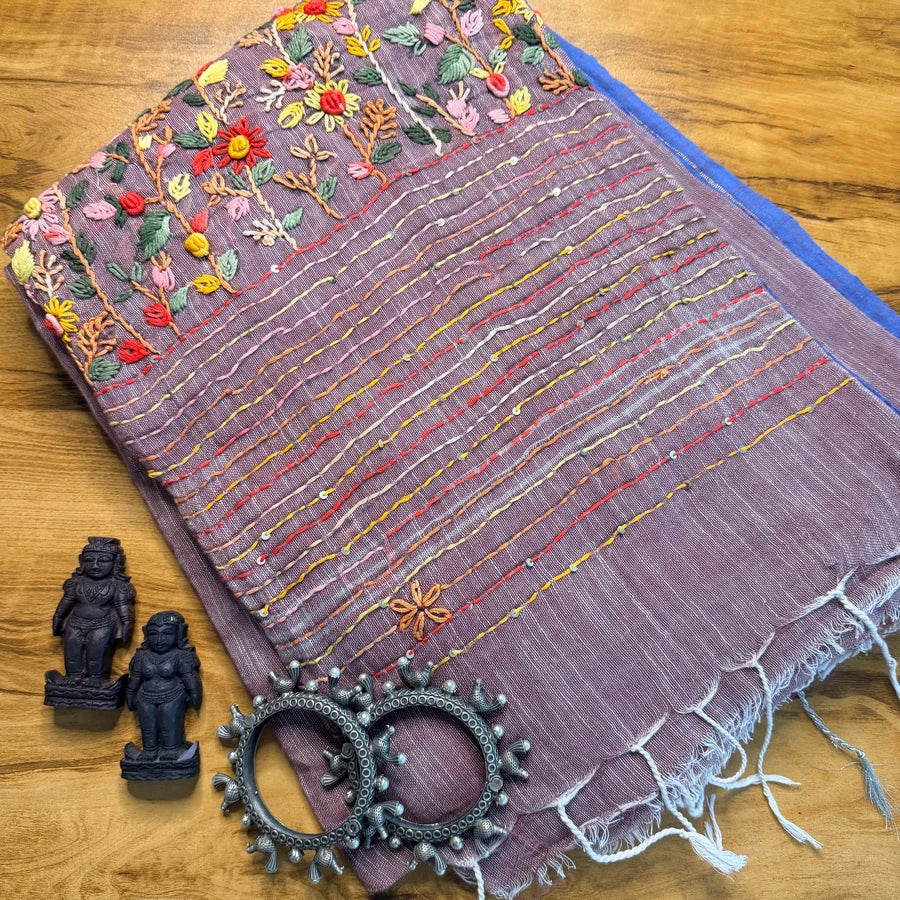 Hand Embroidered Organic Linen Saree – Mauve