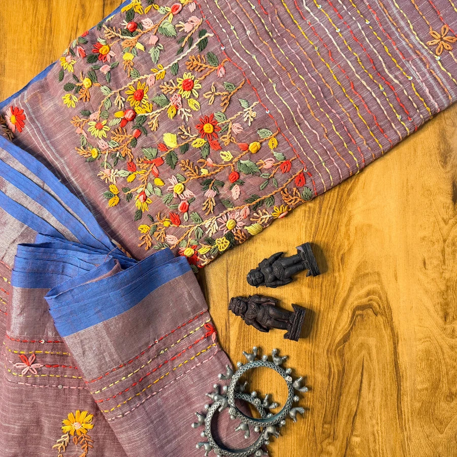 Hand Embroidered Organic Linen Saree – Mauve