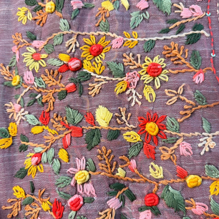 Hand Embroidered Organic Linen Saree – Mauve