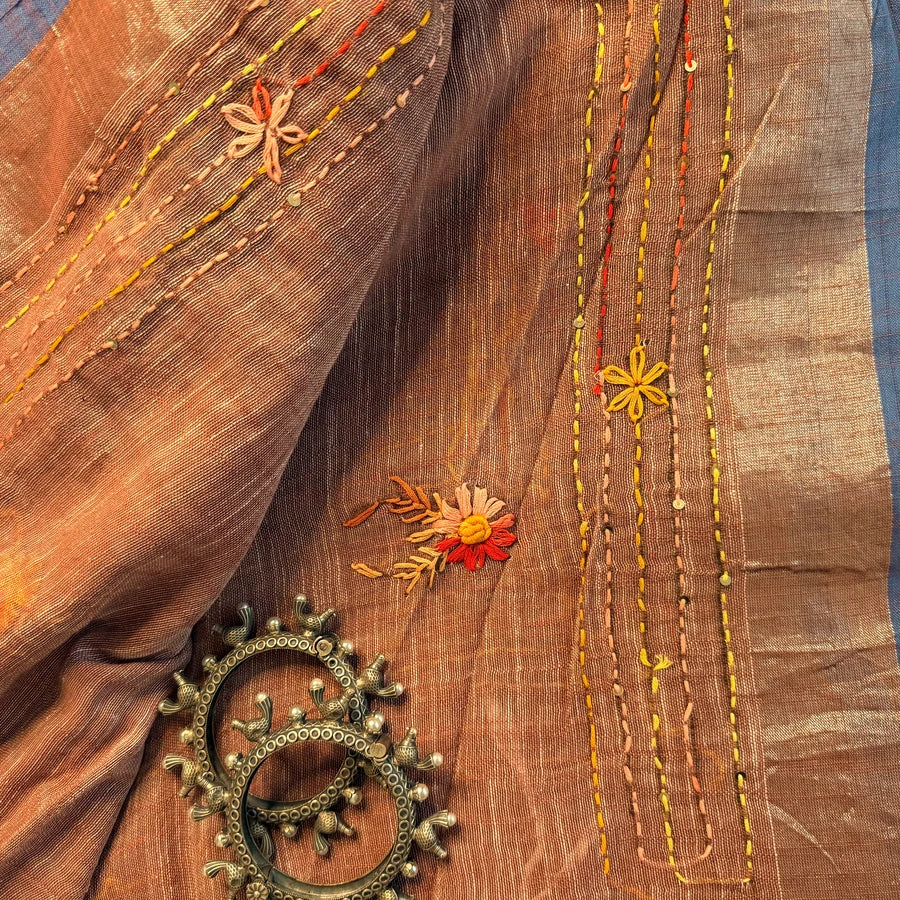 Hand Embroidered Organic Linen Saree – Mauve