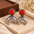 Handcrafted Antique Silver Crescent Statement Earrings with Red Stone
