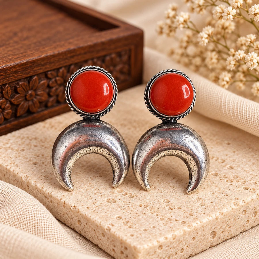 Handcrafted Antique Silver Crescent Statement Earrings with Red Stone