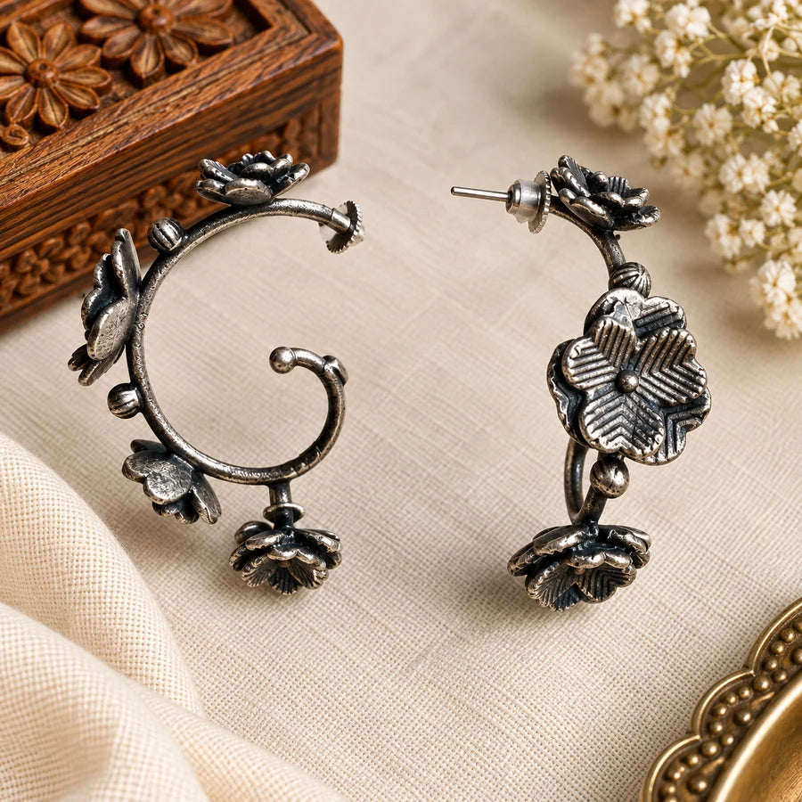 Handcrafted Antique Silver Floral Hoop Earrings