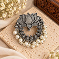 Handcrafted Antique Silver Lotus Hair Billa with Pearl Drops
