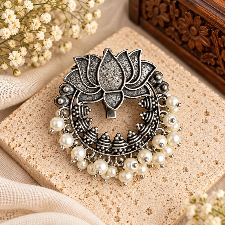 Handcrafted Antique Silver Lotus Hair Billa with Pearl Drops