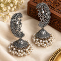 Handcrafted Antique Silver Parrot Jhumka Earrings with Pearl Drops