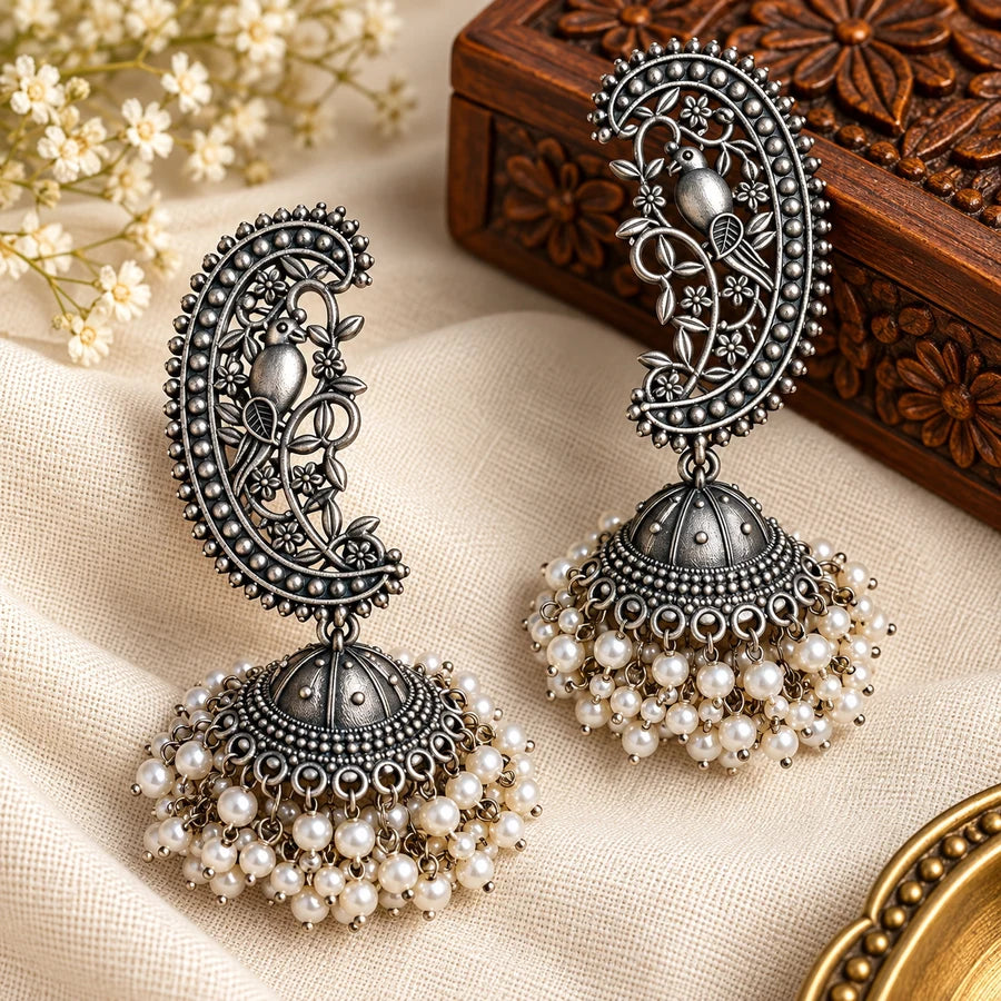 Handcrafted Antique Silver Parrot Jhumka Earrings with Pearl Drops