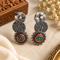 Handcrafted Antique Silver Statement Earrings with Red & Green Accents