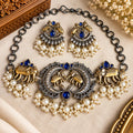 Handcrafted Dual-Tone Elephant Motif Necklace & Earring Set with Blue Stones