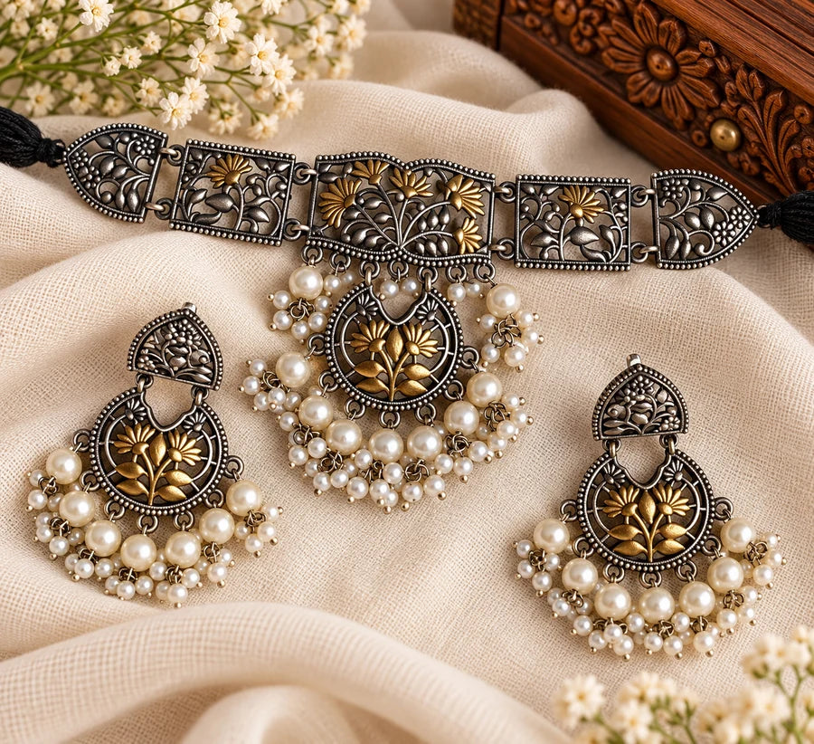 Handcrafted Dual-Tone Floral Choker Necklace & Earring Set