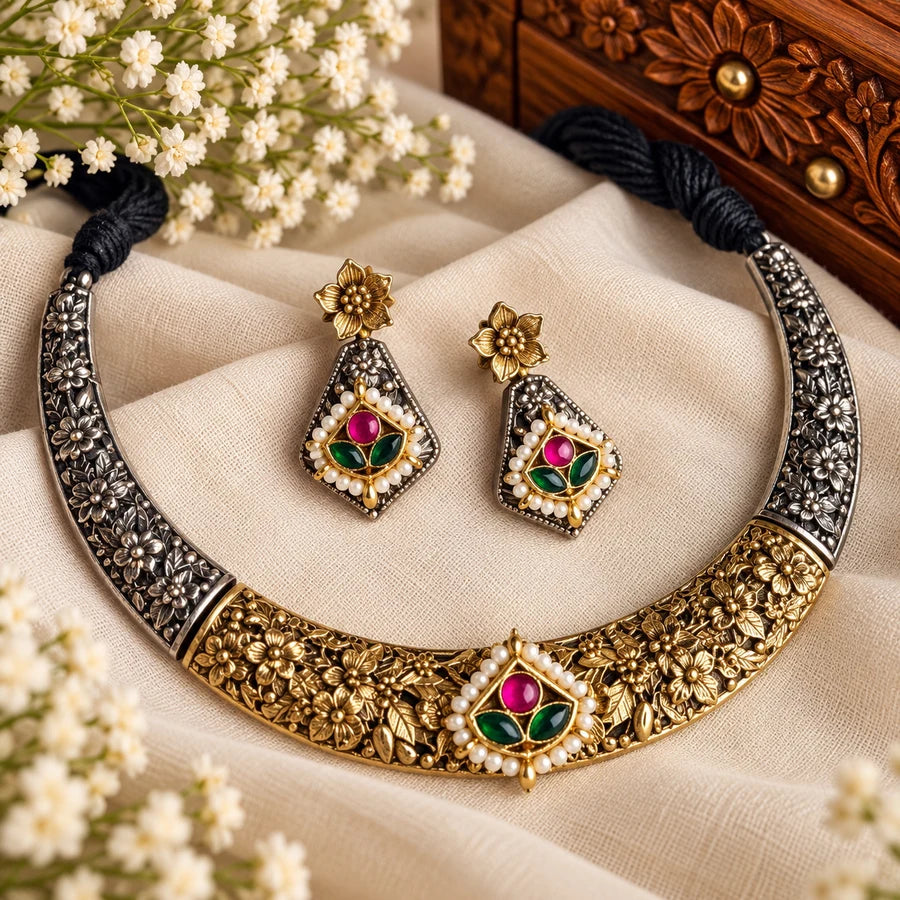 Handcrafted Dual-Tone Floral Necklace & Earring Set