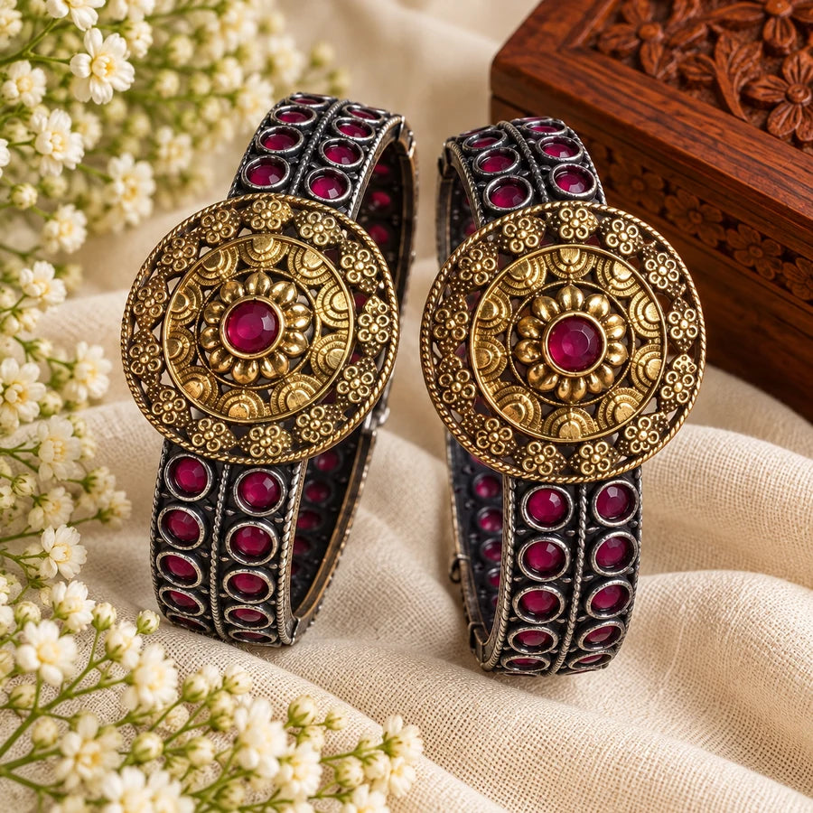 Handcrafted Dual-Tone Ruby Floral Kada Bangles
