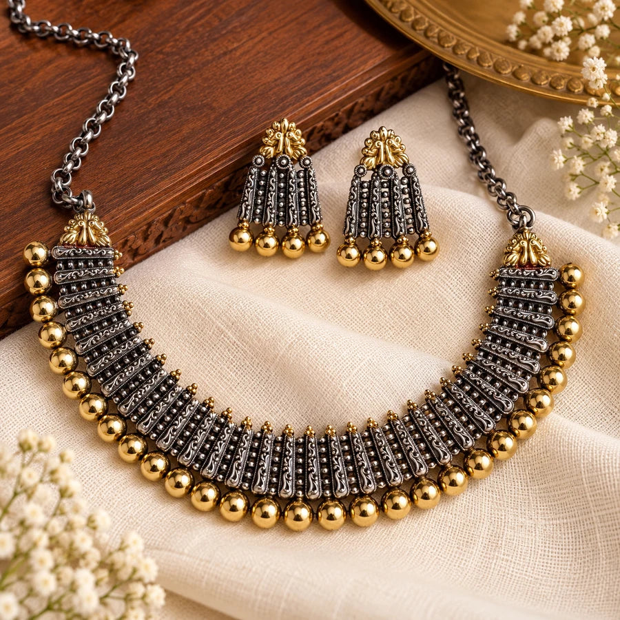 Handcrafted Dual-Tone Silver-Look Necklace & Earring Set
