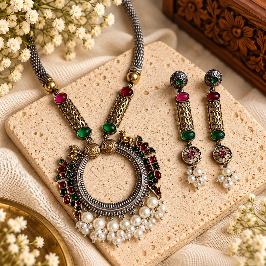 Handcrafted Dual-Tone Temple Necklace & Earring Set with Pearl Drops