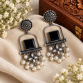 Handcrafted Silver-Look Black Stone & Pearl Drop Earrings