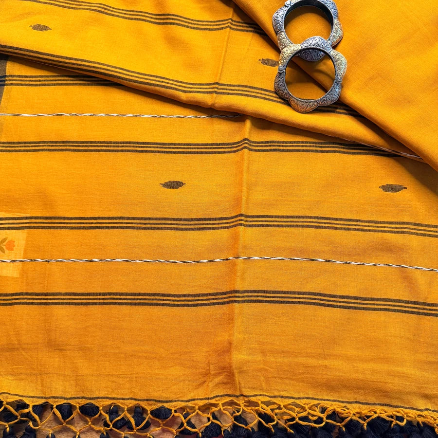 High Count Soft Mul Cotton Saree with Handwoven Jamdhani – Mustard Yellow
