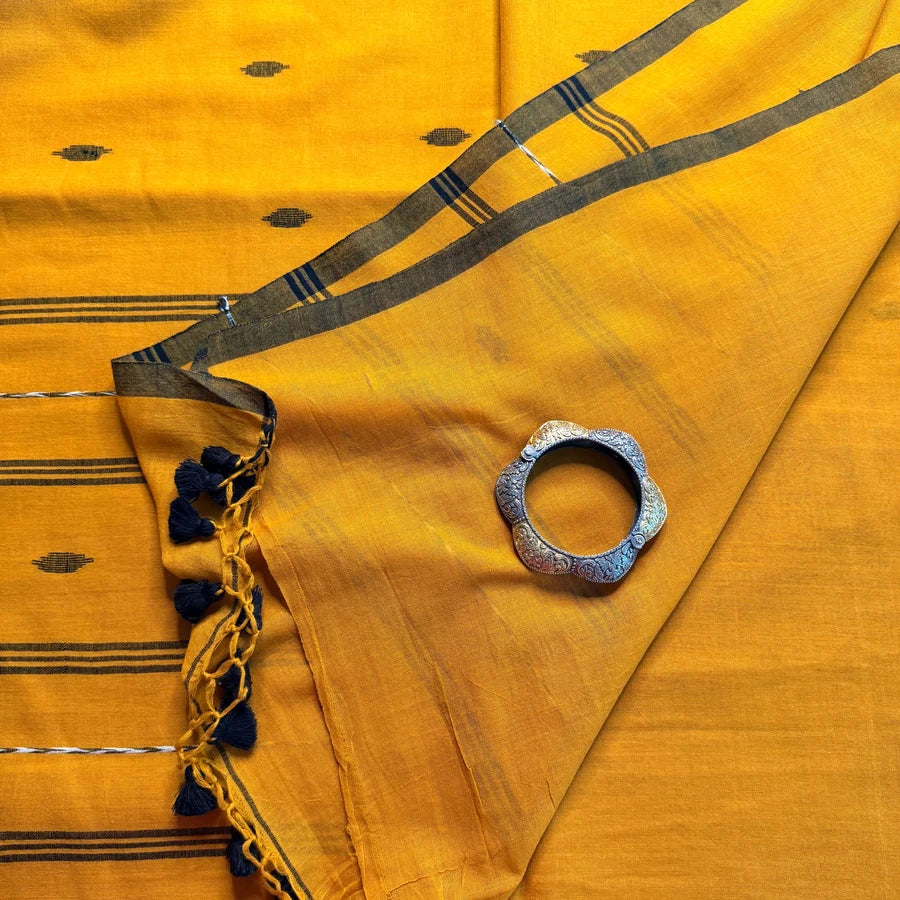 High Count Soft Mul Cotton Saree with Handwoven Jamdhani – Mustard Yellow