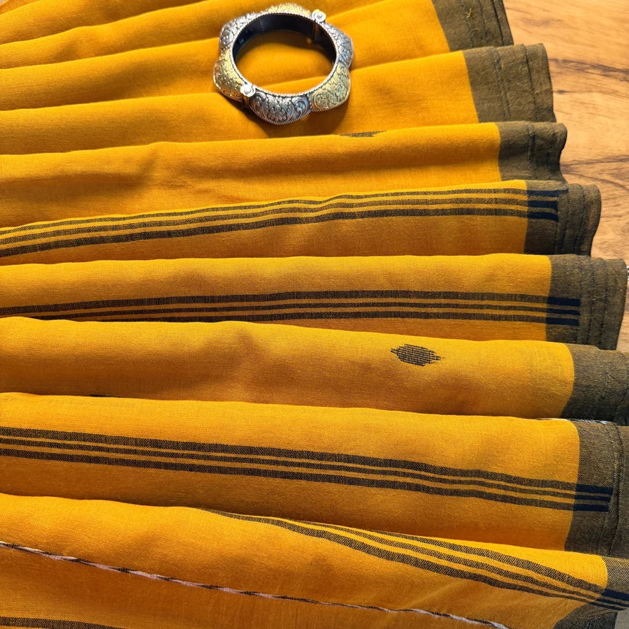 High Count Soft Mul Cotton Saree with Handwoven Jamdhani – Mustard Yellow