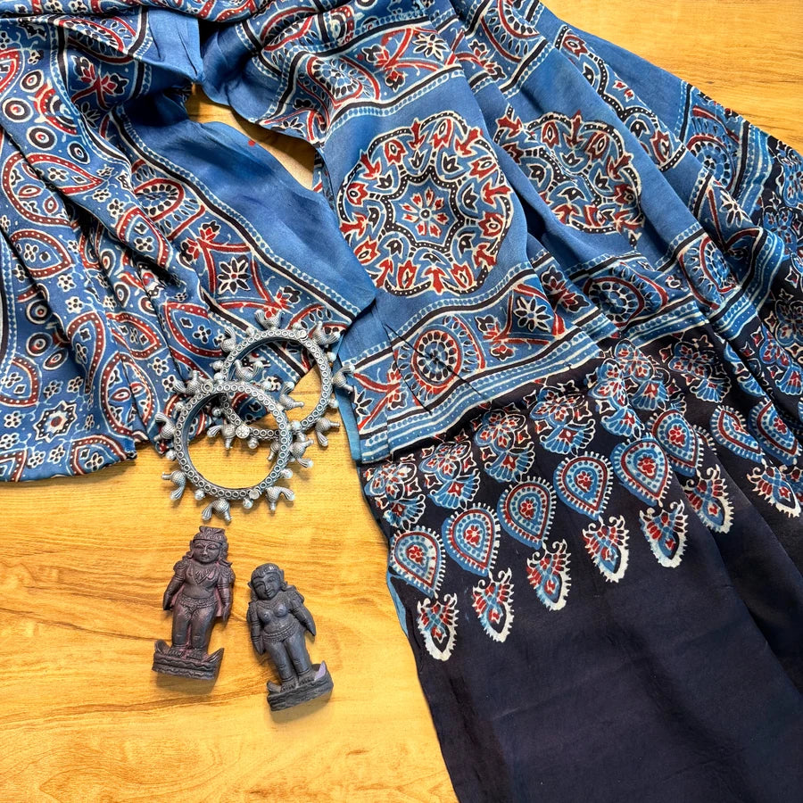 Indigo Blue Vanaspati Ajrakh Modal Silk Dupatta