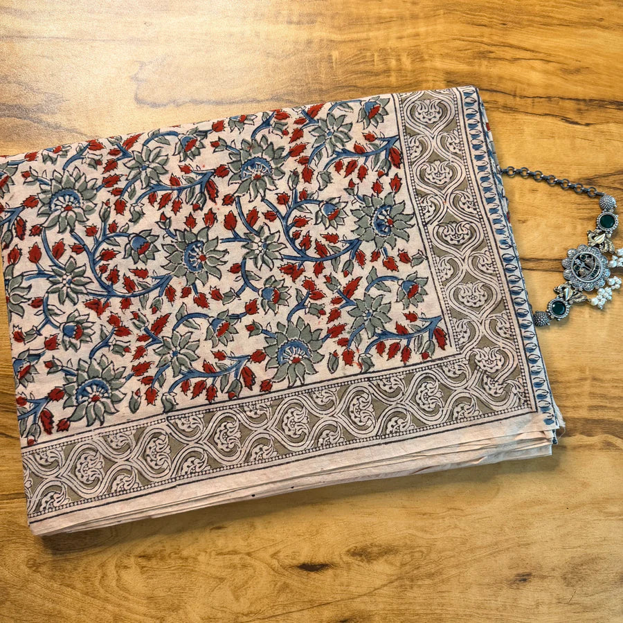 Ivory Floral Handblock Kalamkari Cotton Saree