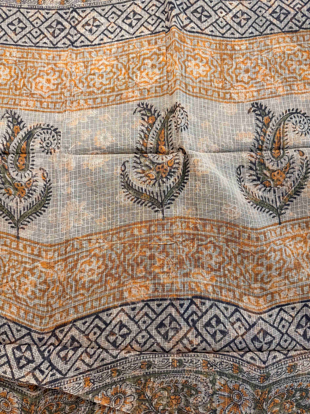 Ivory Paisley Handblock Pure Kota Doria Saree