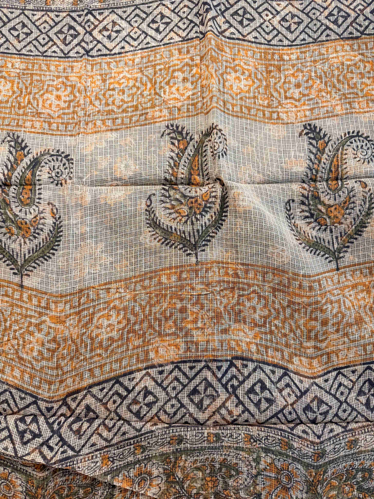 Ivory Paisley Handblock Pure Kota Doria Saree