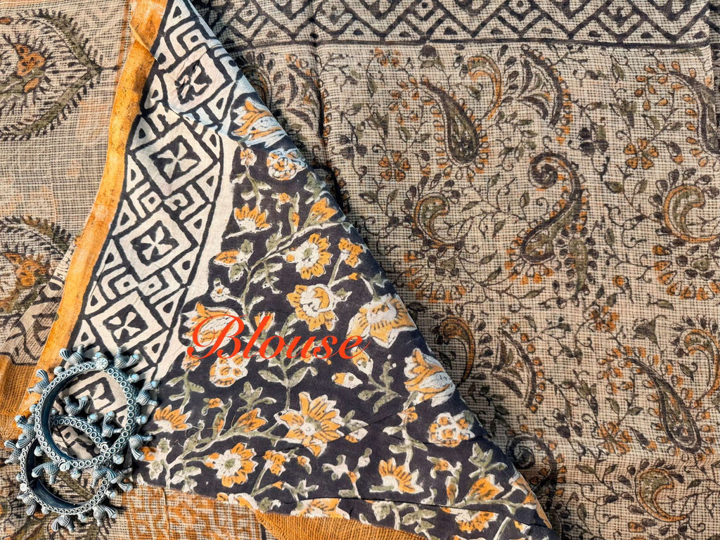 Ivory Paisley Handblock Pure Kota Doria Saree