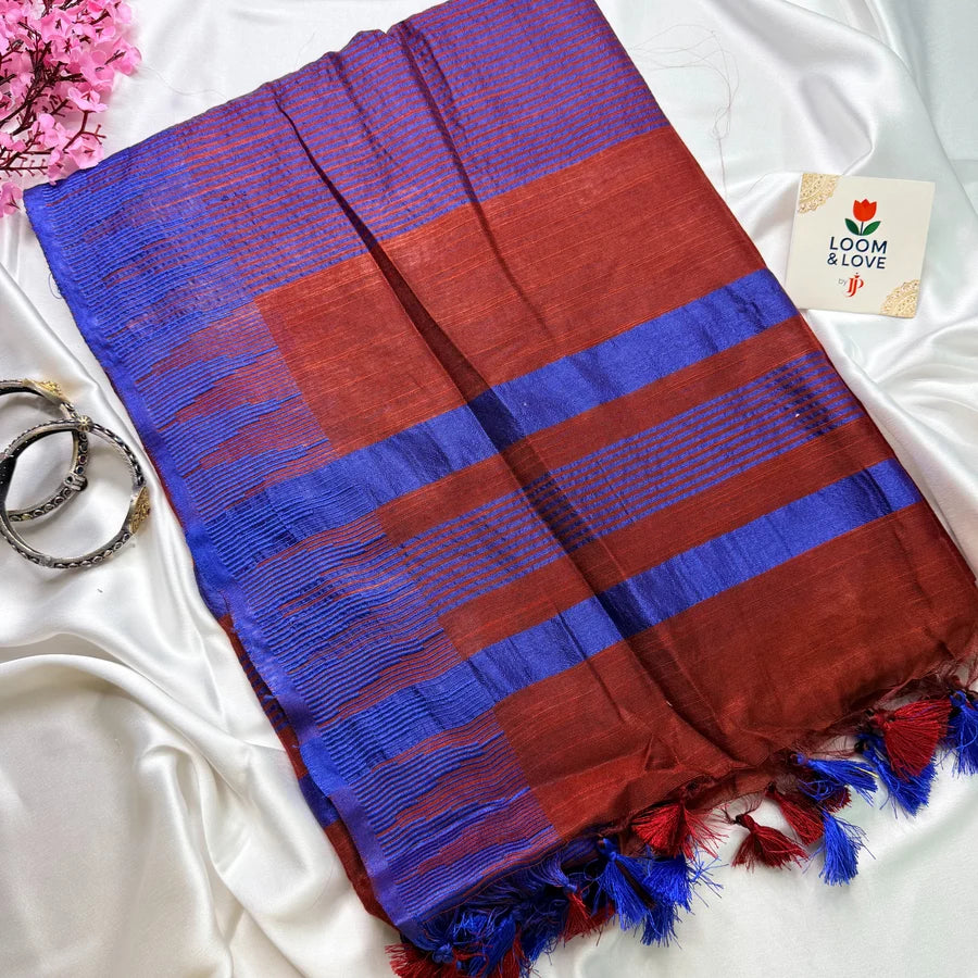 Linen Cotton Saree with Woven Temple Border – Rust Orange & Royal Blue
