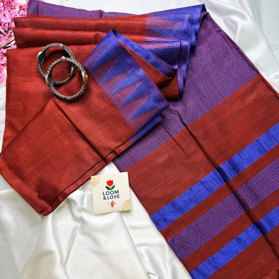 Linen Cotton Saree with Woven Temple Border – Rust Orange & Royal Blue