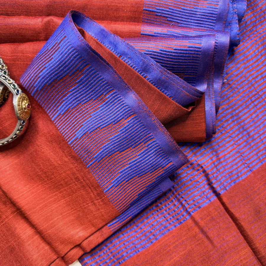 Linen Cotton Saree with Woven Temple Border – Rust Orange & Royal Blue