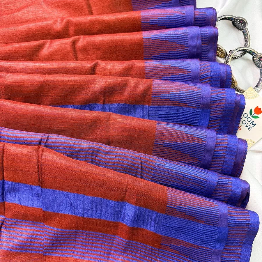 Linen Cotton Saree with Woven Temple Border – Rust Orange & Royal Blue