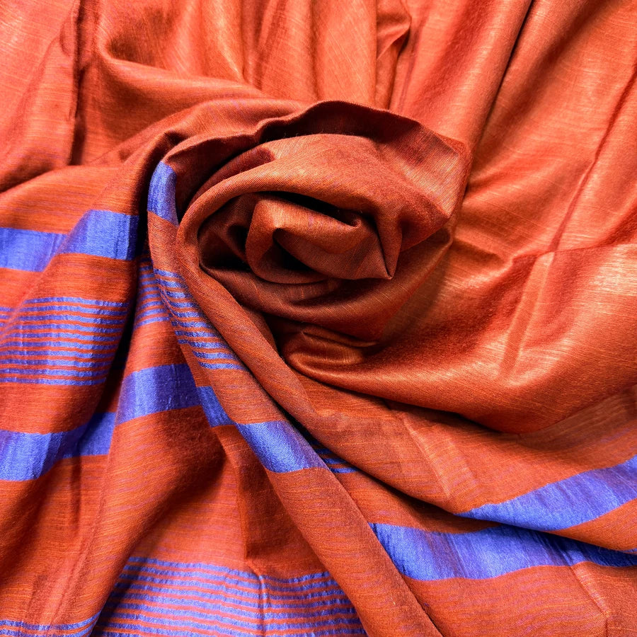 Linen Cotton Saree with Woven Temple Border – Rust Orange & Royal Blue