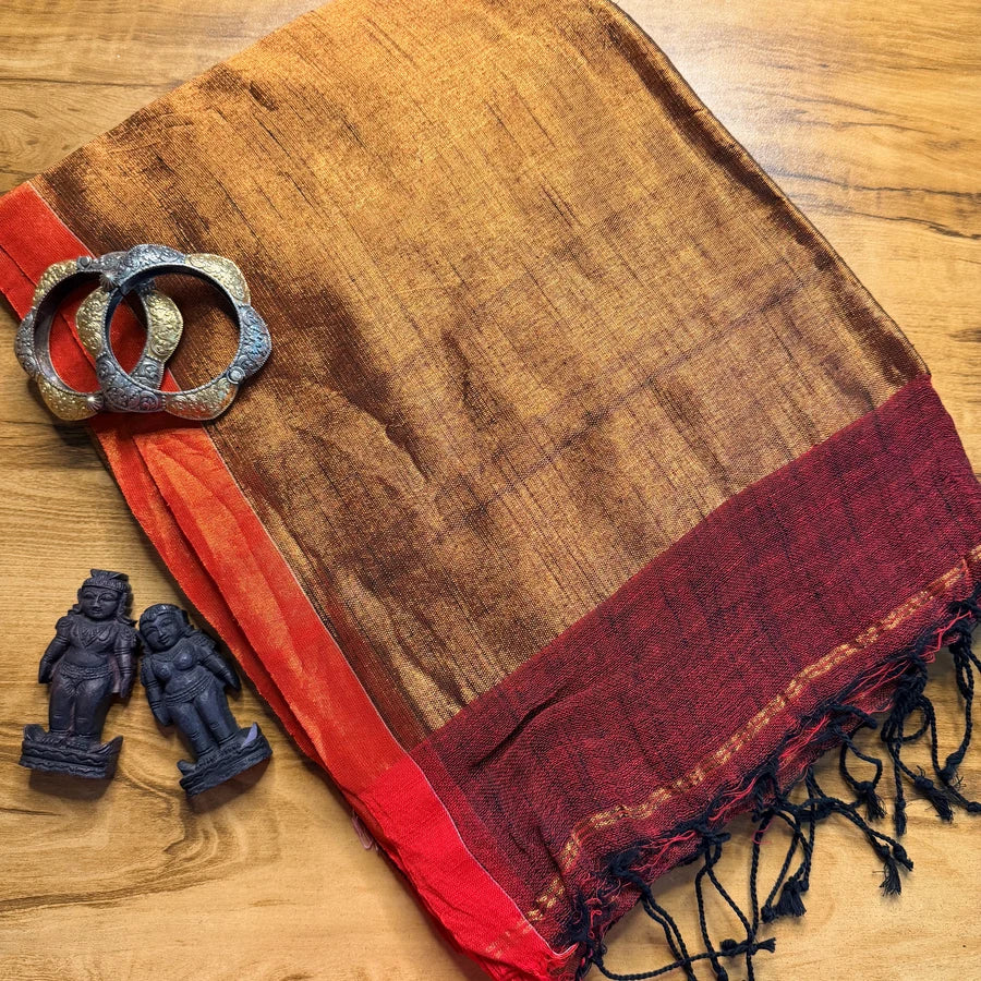 Linen Saree – Deep Maroon with Antique Gold Pallu