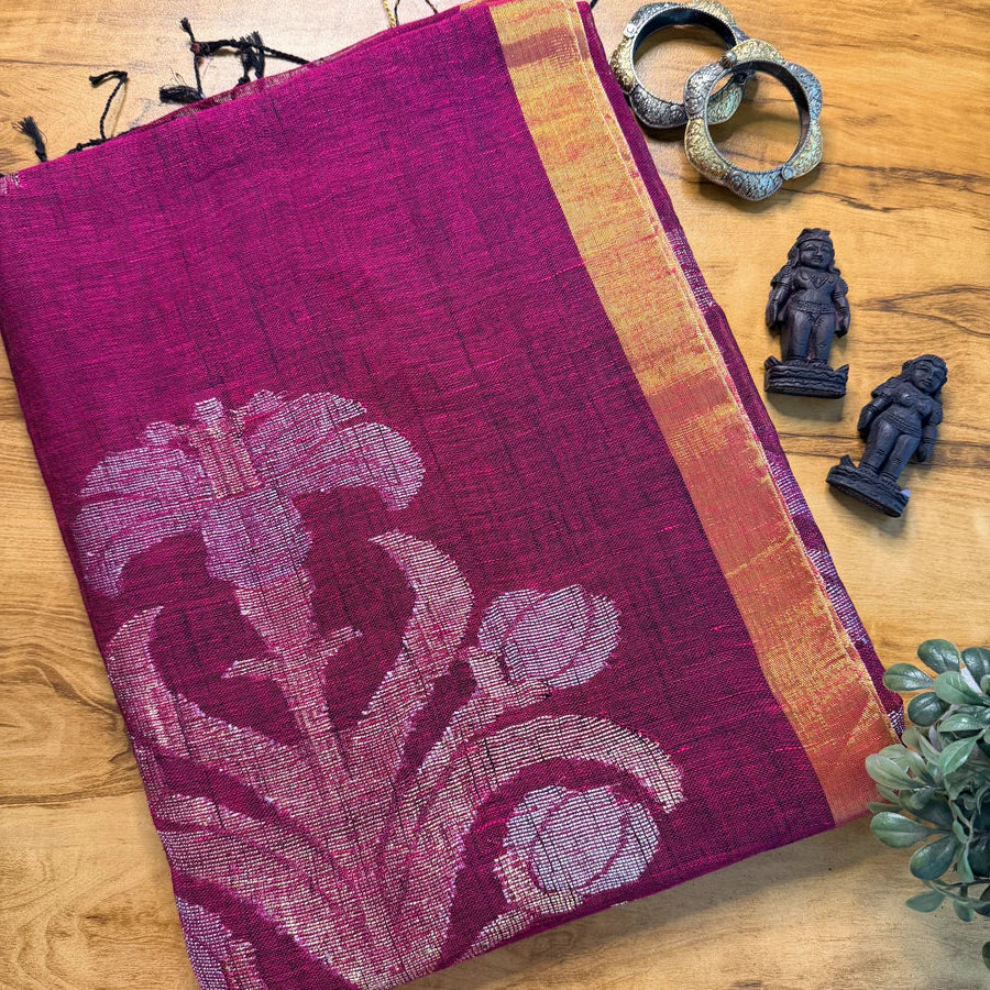 Magenta Floral Jamdani Organic Linen Saree