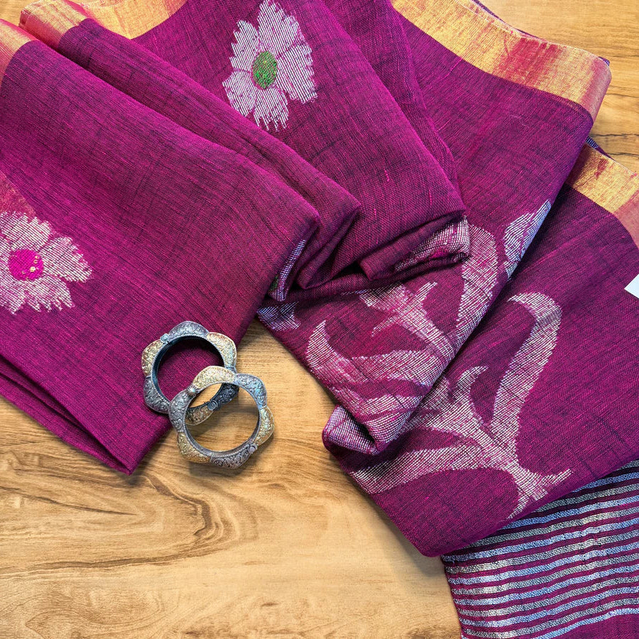 Magenta Floral Jamdani Organic Linen Saree