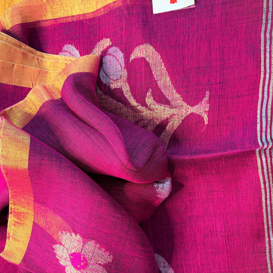 Magenta Floral Jamdani Organic Linen Saree