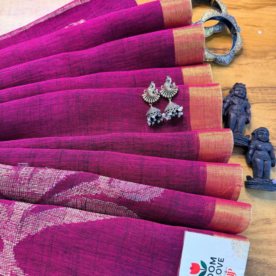 Magenta Floral Jamdani Organic Linen Saree