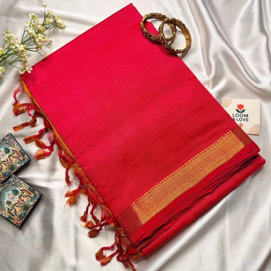 Magenta Pink & Rust Orange Handloom Mangalagiri Pattu by Cotton Saree