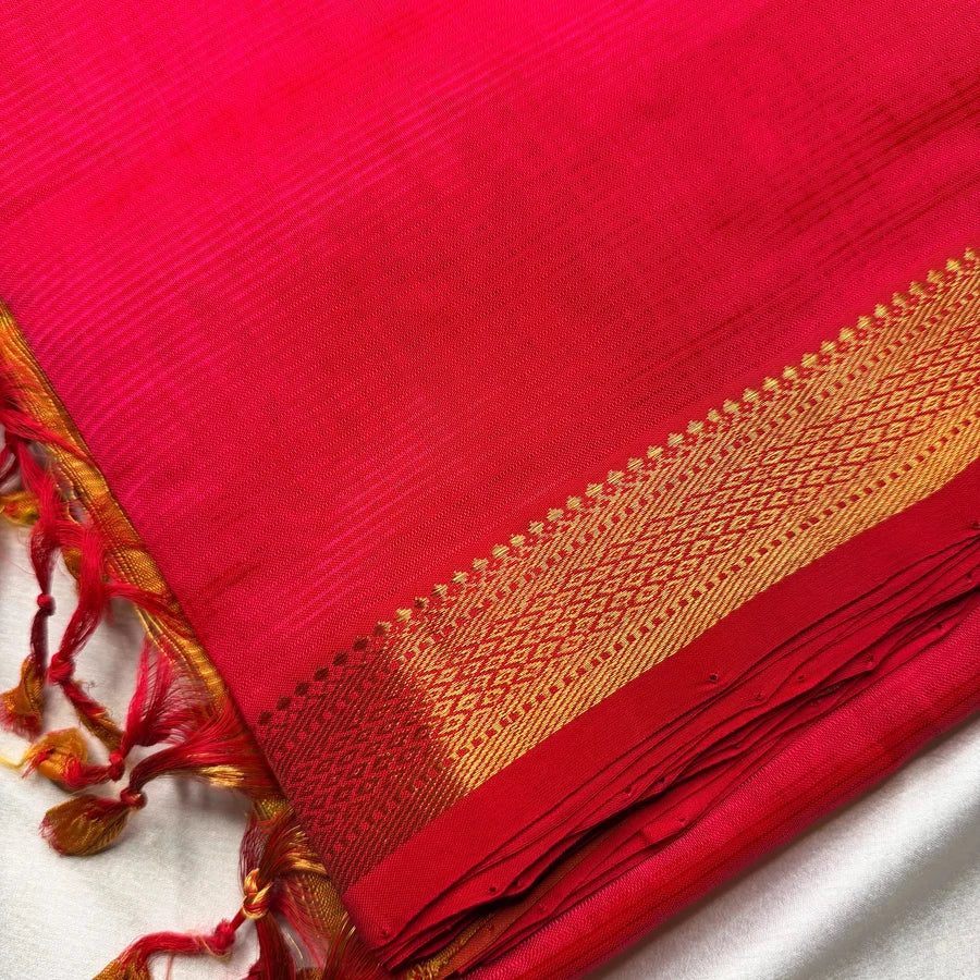Magenta Pink & Rust Orange Handloom Mangalagiri Pattu by Cotton Saree