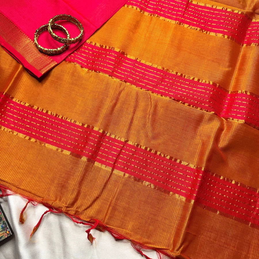 Magenta Pink & Rust Orange Handloom Mangalagiri Pattu by Cotton Saree