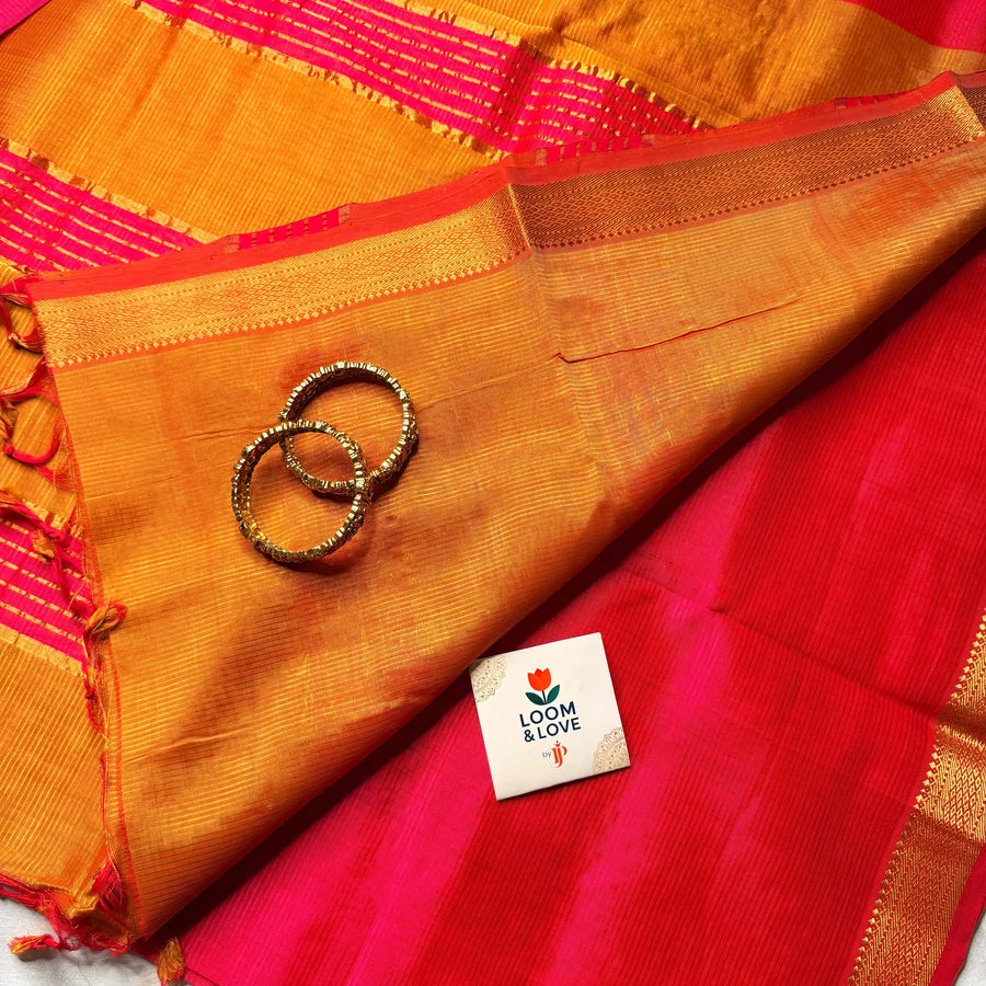 Magenta Pink & Rust Orange Handloom Mangalagiri Pattu by Cotton Saree