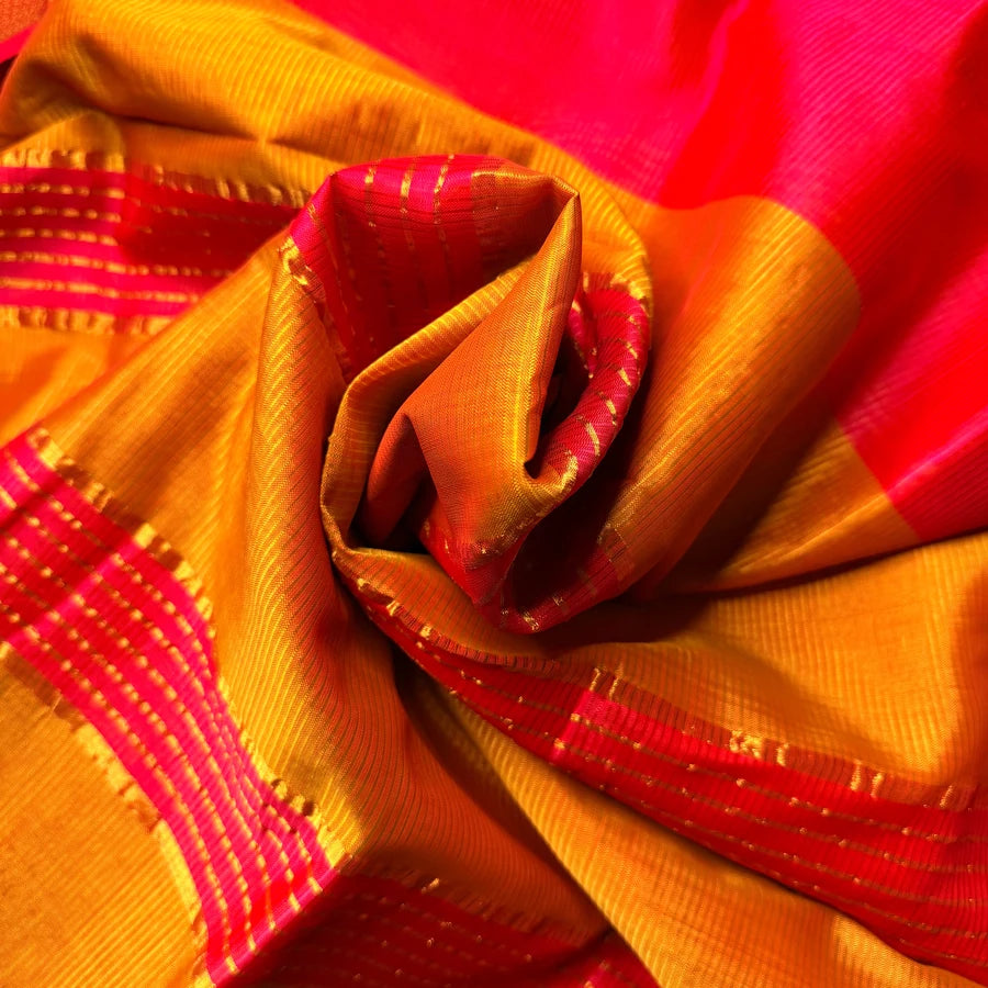 Magenta Pink & Rust Orange Handloom Mangalagiri Pattu by Cotton Saree