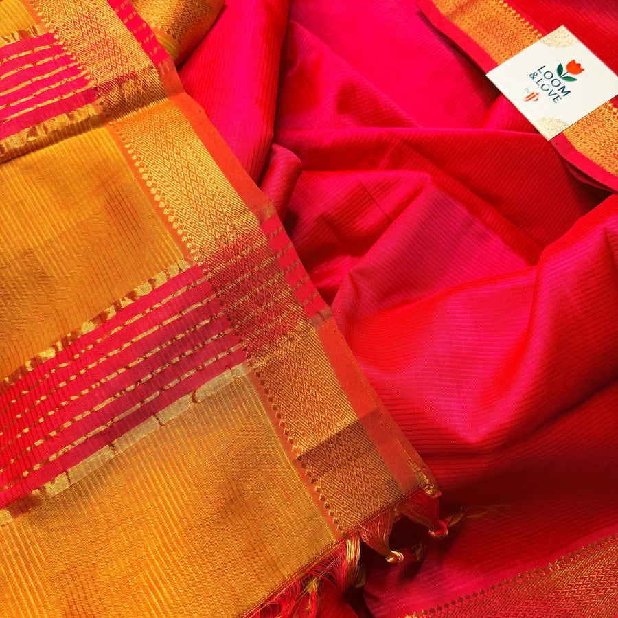 Magenta Pink & Rust Orange Handloom Mangalagiri Pattu by Cotton Saree