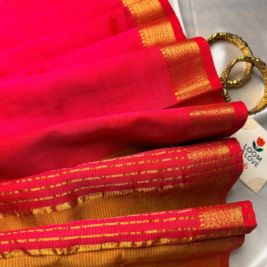 Magenta Pink & Rust Orange Handloom Mangalagiri Pattu by Cotton Saree