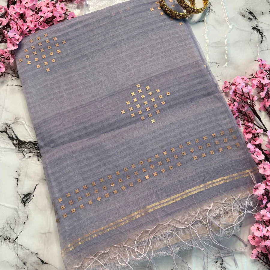 Meghika – Silver Grey Semi-Muslin Silk Saree