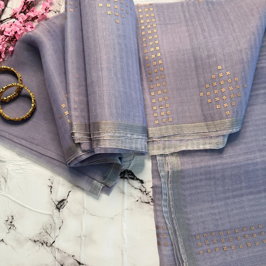 Meghika – Silver Grey Semi-Muslin Silk Saree