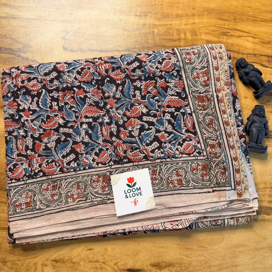 Midnight Blue Floral Handblock Kalamkari Cotton Saree