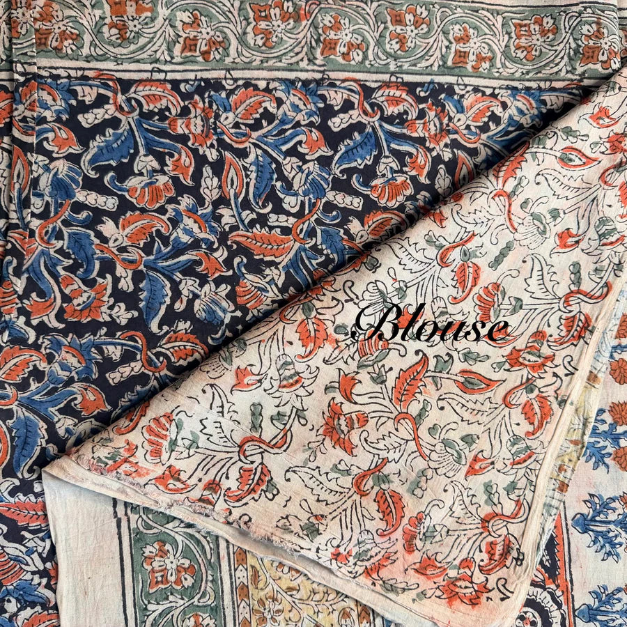 Midnight Blue Floral Handblock Kalamkari Cotton Saree