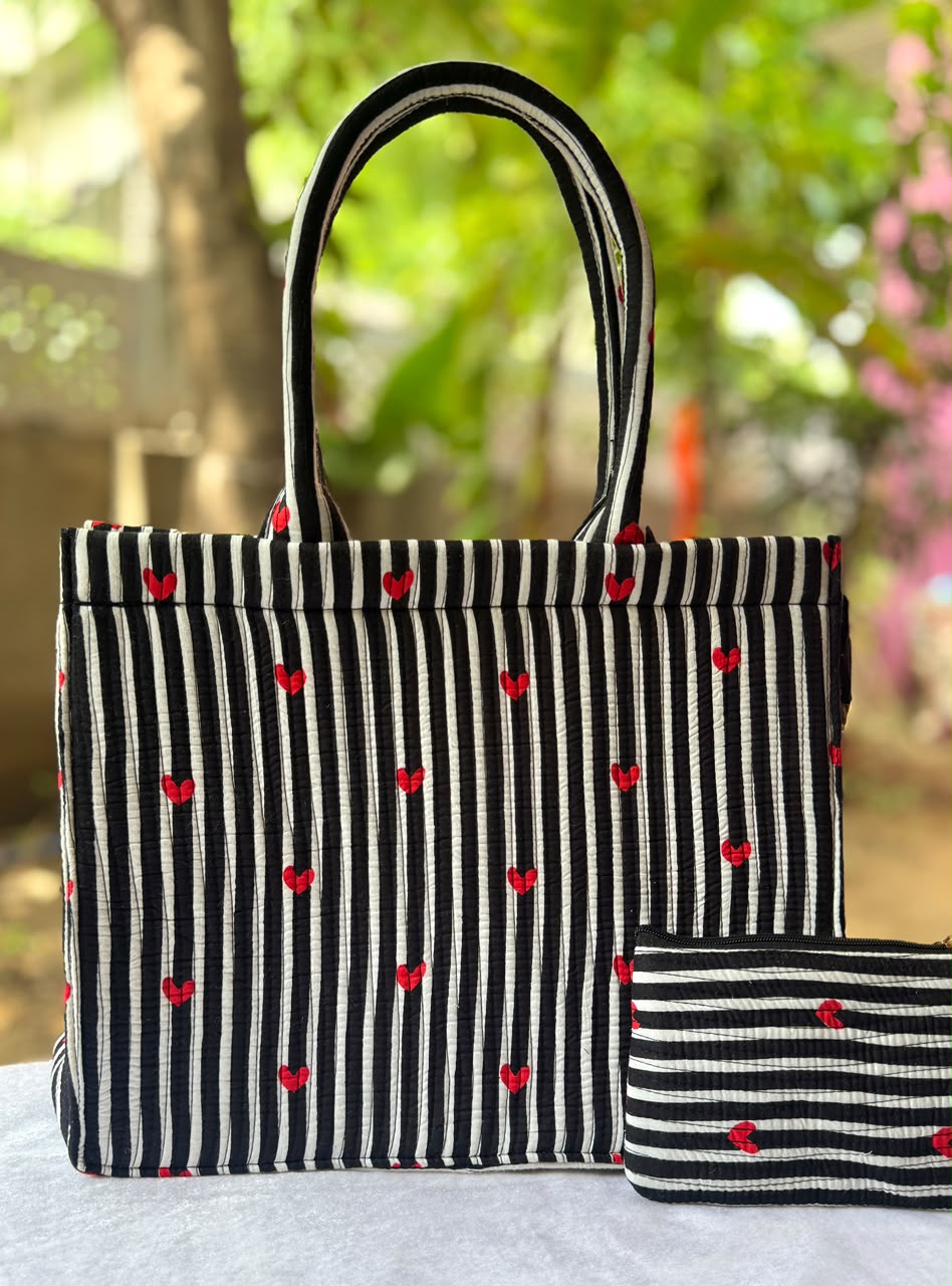 Monochrome Hearts Handblock Laptop Tote