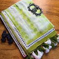 Mul Cotton Shibori Saree with Foil Mirror Border – White & Mehendi Green